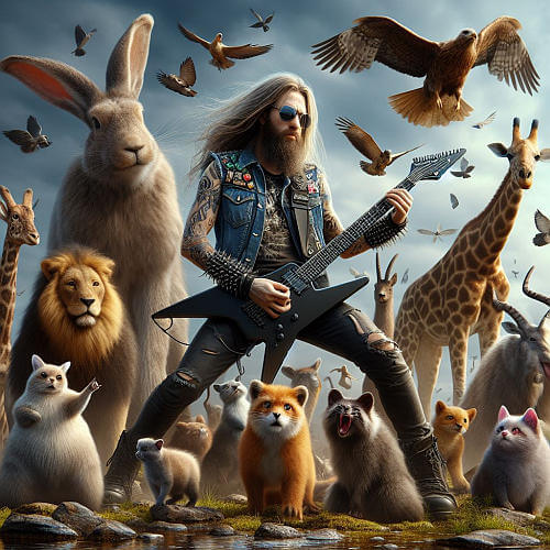 Heavy metal gitarist te midden van allerlei dieren.