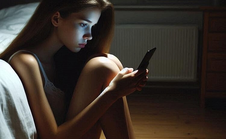Eenzaam pubermeisje 's nachts 'in gesprek' met haar telefoon.