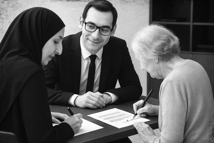 Vrouw met hoofddoek en oudere dame tekenen document in aanwezigheid van ambtenaar of notaris.