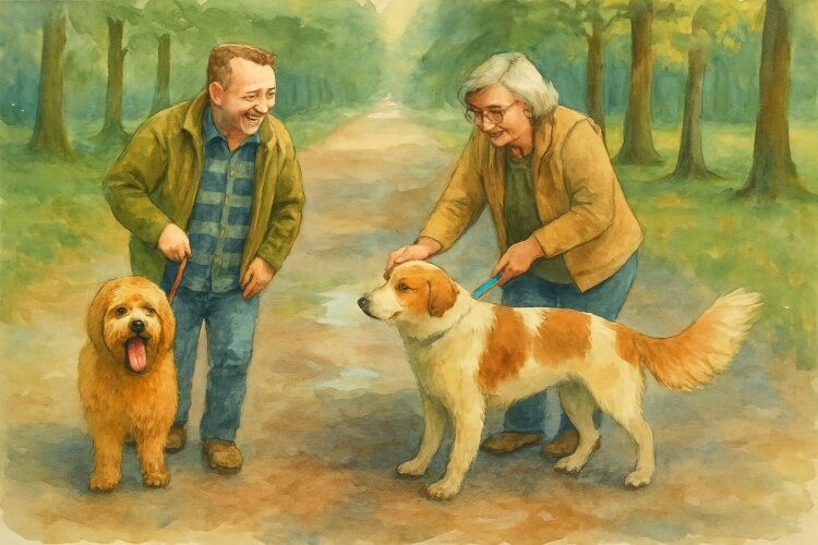 Twee mensen laten hun hond uit en raken met elkaar in gesprek.