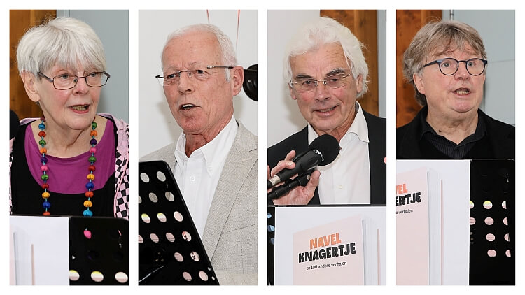 Annelies, Ad, Hans en Gerhard spreken mooie woorden tijdens de boekpresentatie van Navelknagertje (foto's Arjen Gerritsma)